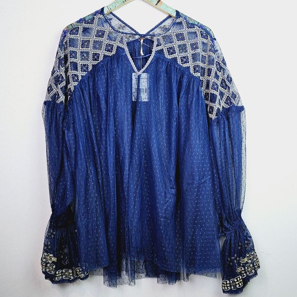 Free People Blue Gold Joy Ride Sheer Embroidered Poet Sleeve Top, Sz M, NWT $148 - Picture 4 of 10